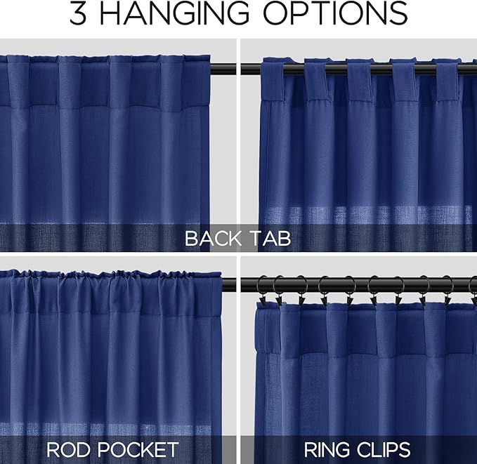 Nanspring Classic Blue Linen Curtains Semi Sheer 96 Inches Long 2 Panels Set for Living Room Back Tab Rod Pocket Light Filtering Drape for Bedroom Modern Farmhouse Coastal Decor Protect Privacy 52x96