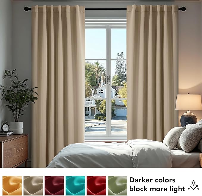 Deconovo Blackout Curtains, Thermal Insulated, W70 x L63 2 Panels, Back Tab, Machine Washable, Room-Darkening Drapes for Bedroom/Living Room Khaki