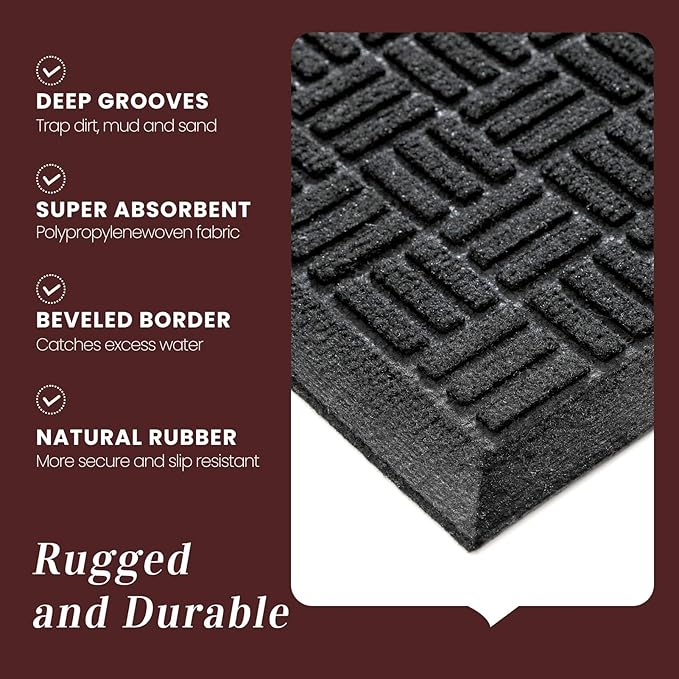 Mibao Front Door Mat Indoor Outdoor Entrance, Dirt Trapping Waterproof All-Season, All-Weather Doormat, Non-Slip Durable Natural Rubber Low Profile Easy Clean Patio Entrance Mat, 29.5" x 17", Black