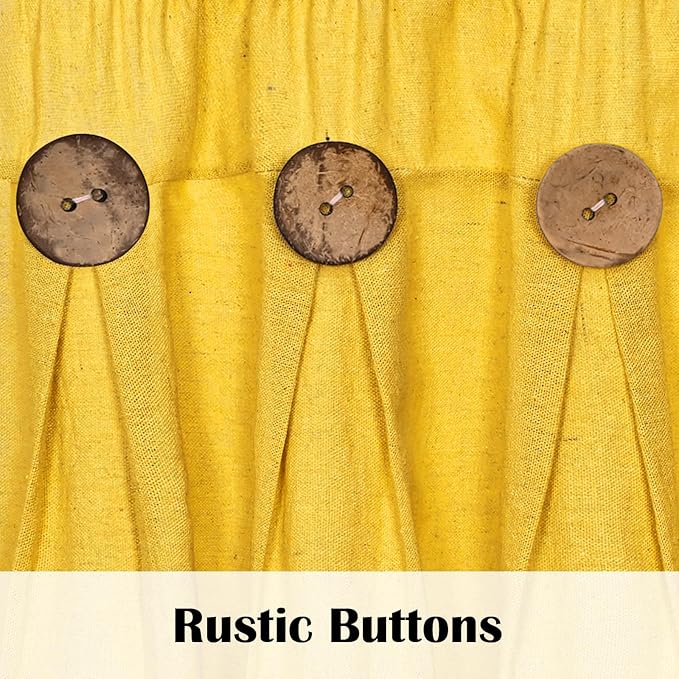 FRAMICS Farmhouse Valance Curtains, Boho Cotton Linen Kitchen Valance, Yellow Rustic Button Window Valances for Kitchen Bathroom, Country Rod Pocket Valances for Windows, Yellow, 52 x 18 Inch