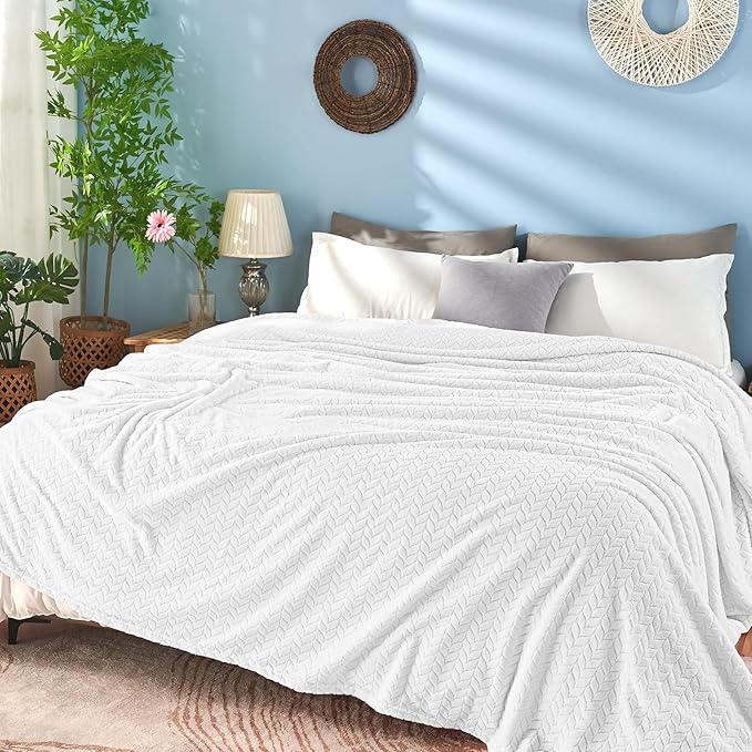 inhand White Fleece Queen Blanket for Bed, Super Soft Flannel Cozy Blankets for Office,Travel, Warm Plush Blankets for All Season, 90 x 90 Inches