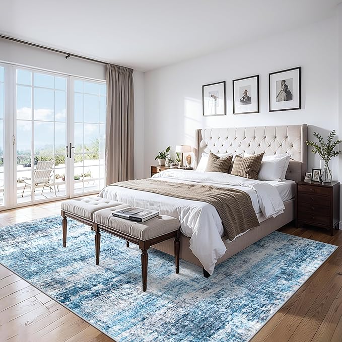 Area Rugs Living Room Rug - 4x6 Washable Modern Abstract Soft Neutral Non-Slip Carpet Large Indoor Floor Thin Carpets for Bedroom Dining Room Farmhouse Nursery Home Office Blue Grey