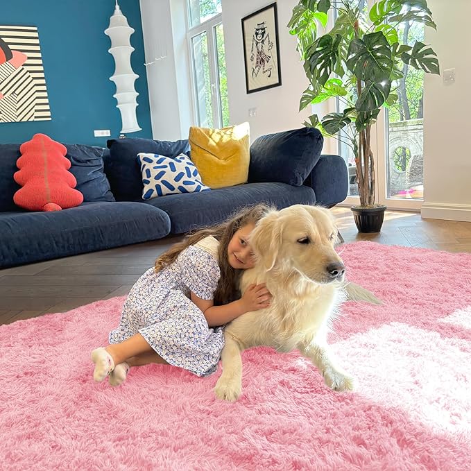 OLANLY 8x10 Machine Washable Large Area Rugs for Living Room, Bedroom, Soft Fluffy Shaggy Bedside Rug, Indoor Floor Carpet for Kids Girls and Boys, Dorms, Nursery, Home Decor Aesthetic, Pink