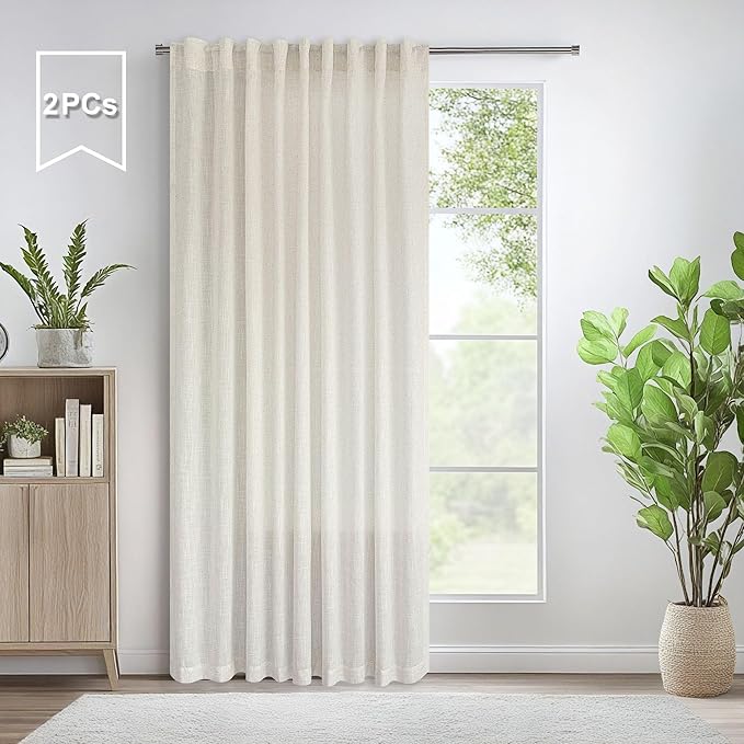 Pitalk 60 Inch Wide Curtains for Living Room 2 Panels Back Tab Pocket Drape Semi Sheer Linen Extra Large Cream Ivory Curtains for Home Office Hotel Flat Family Sunroom 5 FT Width by 9 FT Long 60x108