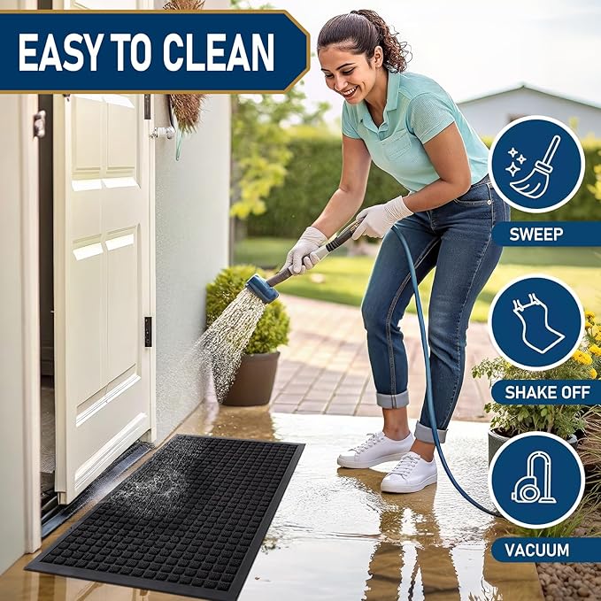 Smiry Front Door Mat Outside Entrance, Heavy Duty Natural Rubber Doormat, Non Slip, Trap Dirt and Moisture, Easy Clean, Low Profile Welcome Floor Mats for Indoor Outdoor Entry, 71x23 Inch, Black