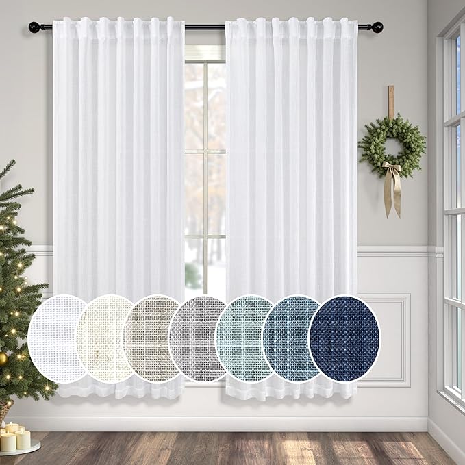 White Linen Curtains 63 Inch Length for Bedroom Pair Back Tab Pocket Simple Linen Panels Cotton Canvas Look Semi Translucent Boho Sheer Curtains for Living Room Dining Cabin Cottage Snow Pure White