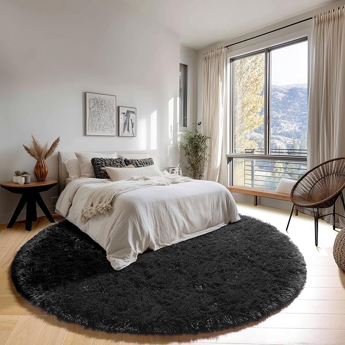 ONASAR Black Round Rugs 8ft for Living Room, Fluffy Bedroom Circle Area Rug, Soft Plush Fuzzy Shaggy Carpet Mat for Kids Girls Boys Teen Nursery Dorm Classroom Home Office Decor Aesthetic