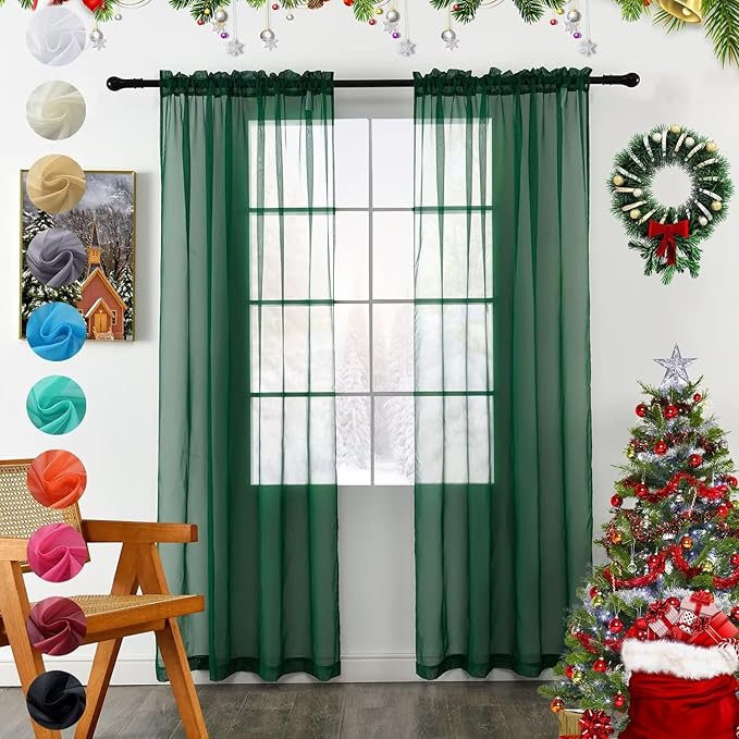 youleyar Solid Sheer Rod Pocket Curtain Voile Draperies 2 Panels White Beige Black Foliage Green 70 Inch Width 72 Inch Long 1 Pair for Kitchen Bedroom Children Living Room Yard(Foliage Green,70Wｘ72L)
