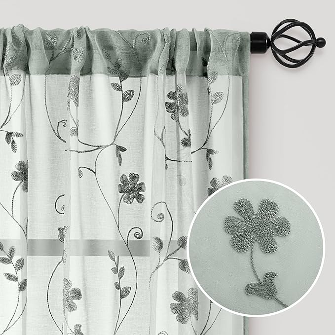 HOMEIDEAS Sage Green Sheer Curtains 63 Inches Length 2 Panels Embroidered Floral Pattern Semi Sheer Window Curtains for Bedroom Living Room