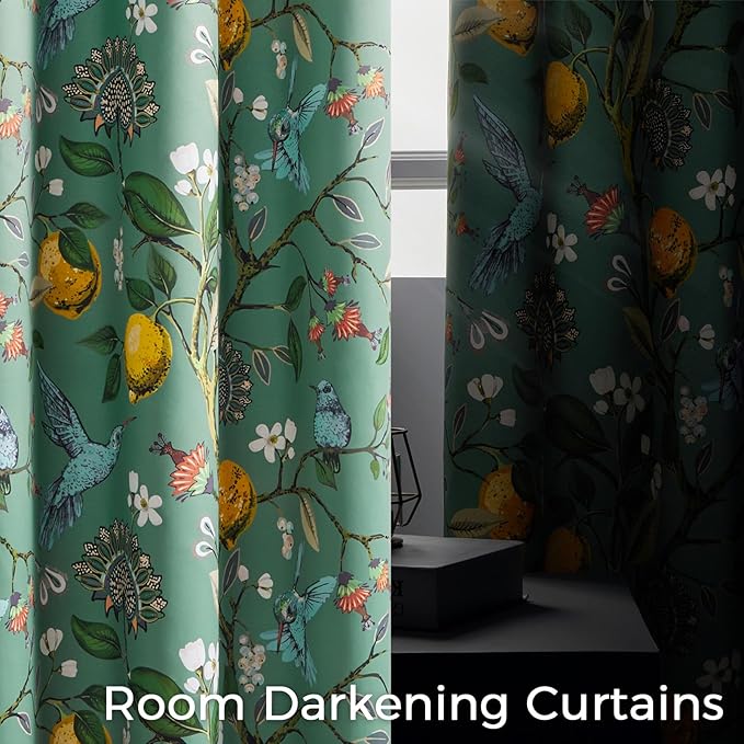 Topfinel 48 Inches Long Short Sage Green Blackout Curtains for Cafe Kitchen, Grommet Room Darkening Luxury Floral Lemon Hummingbird Patterned Waverly Colorful Drapes for Living Room Bedroom