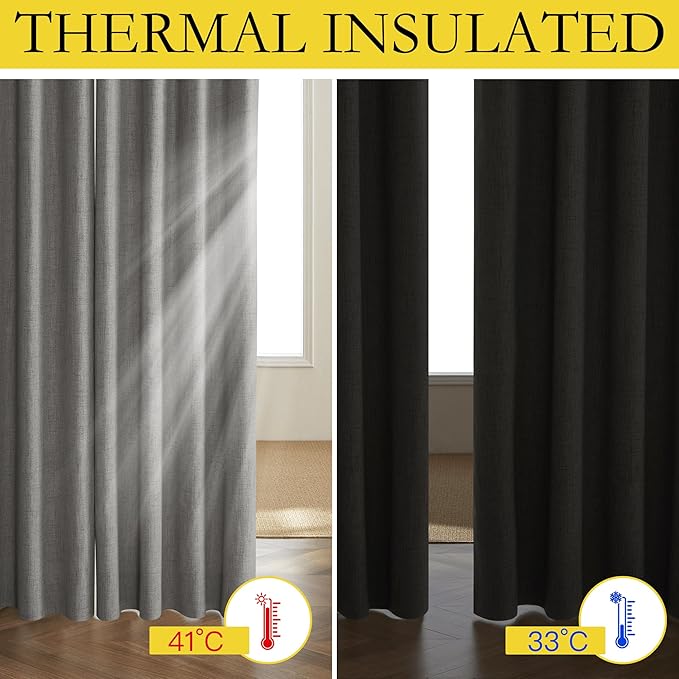 NICETOWN Grizzle Gray Vintage Linen 100% Blackout Curtains for Classroom, Thermal Insulated Curtains 72" Long, Noise Reducing Window Treatment Drapes for Gym Room, 42" Wide Per Panel, Set of 2