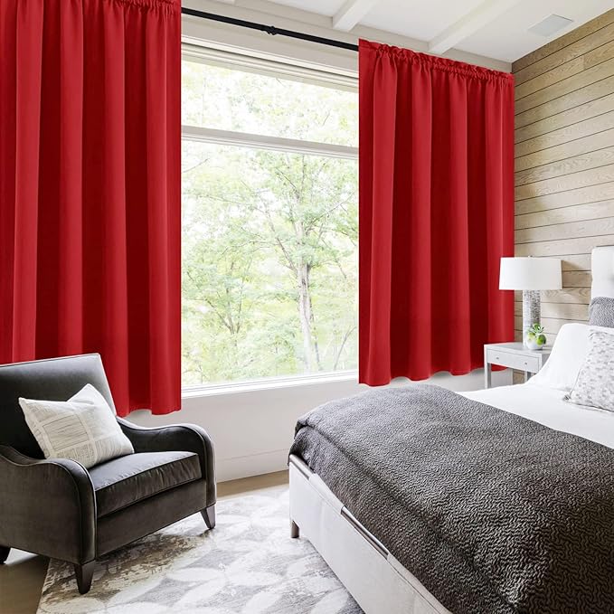 DWCN Blackout Curtains Room Darkening Thermal Insulated Bedroom Curtains Window Curtain Panels, 52 x 63 inches Long, Set of 2 Red Rod Pocket Drapes