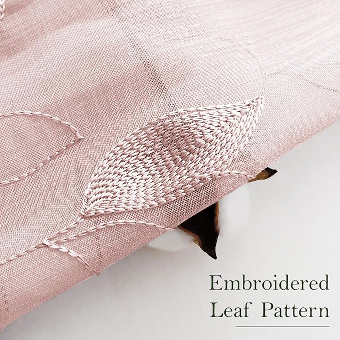 HOMEIDEAS Blush Pink Sheer Kitchen Curtains 30 X 24 Inch Length 2 Panels Embroidered Leaf Pattern Short Bathroom Window Curtains for Small Window Valance Tiers