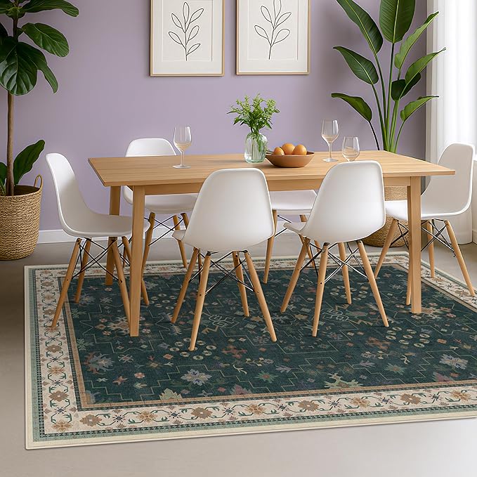 Hazo Haus Vintage Dark Green 7x9 Dining Room Rugs for Under Kitchen Table - Washable Livinig Room Rug - Unique Floral Pastel Low Pile Non-Slip Area Rugs for Bedroom