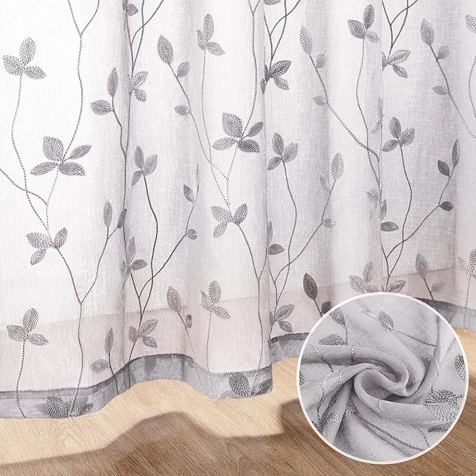 HOMEIDEAS Light Grey Sheer Curtains 52 X 96 Inches Length 2 Panels Embroidered Vine Floral Pattern Pocket Faux Linen Semi Sheer Voile Window Drapes for Bedroom Living Room