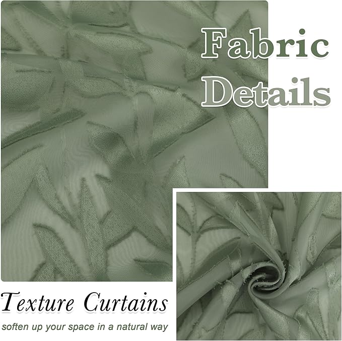 Lecloud Leia Sage Green Sheer Curtains 30 Inch Length 2 Pcs, Breathable Jacquard Texture Kitchen Short Curtains, Small Farmhouse Leaves Voile Window Treatments Dual Rod Pocket, 38 W x 30 L