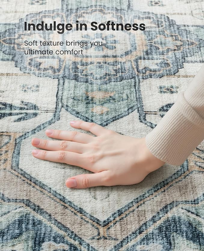 AMADA HOMEFURNISHING 10x14 Washable Area Rug, Low-Profile Large Area Rug with Non-Slip Backing & Durable Edge Binding, Vintage Large Rugs for Living Room, Bedroom & Dining Room