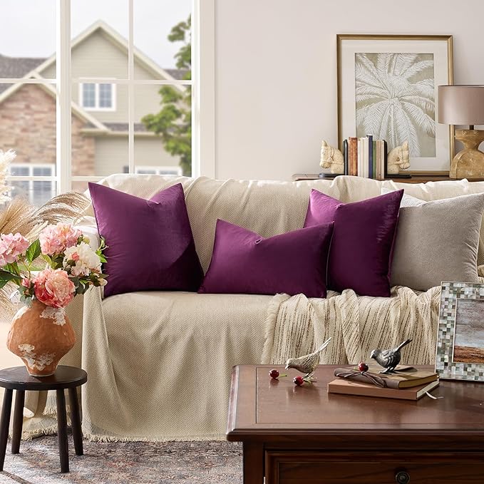 GIGIZAZA Decorative Throw Pillow Covers 16x16,Set of 2 Purple Square Couch Pillow Covers,Velvet Sofa Boho Cushion Pillows