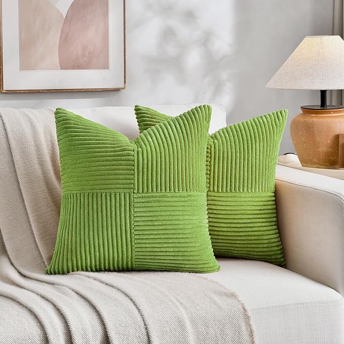 Fancy Homi Set of 2 Lime Green Euro Decorative Throw Pillow Covers 28x28 Inch for Bedroom Couch Bed, Farmhouse Boho Home Decor, Soft Cross Corduroy Patchwork Textured Square Cushion Case 71x71 cm
