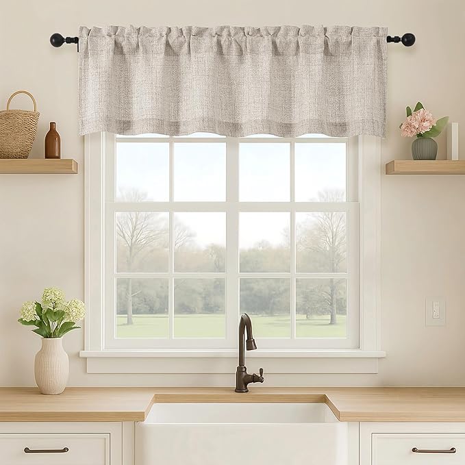 OVZME Valance for Windows, Light Filtering Faux Linen Textured Small Short Valance Kitchen Curtain, Dual Rod Pocket Top Short Window Curtain for Bathroom Basement Farmhouse, 52Wx14L Inch, Linen Color