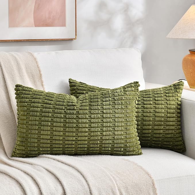 Fancy Homi 4 Packs Boho Moss Green Decorative Throw Pillow Covers 12x24 Inch for Couch Bed Sofa, Rustic Modern Farmhouse Home Decor, Soft Plush Corduroy Cute Rectangle Cushion Case 30x60 cm