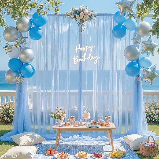20ft x 12ft Baby Blue Tulle Backdrop Curtain for Baby Shower Party Sheer Fabric Backdrop Curtains for Boy Birthday Gender Reveal Back Drop Wedding Photo Backdrop Drapes Background 4 Panels 5ft x 12ft