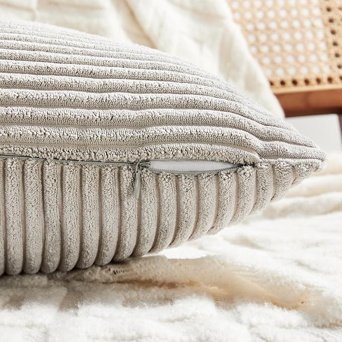 Fancy Homi 2 Packs Neutral Grey Lumbar Decorative Throw Pillow Covers 16x28 Inch for Living Room Couch Bed Sofa, Farmhouse Home Decor, Soft Striped Corduroy Rectangle Accent Cushion Case 40x70 cm