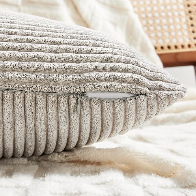 Fancy Homi 2 Packs Neutral Grey Lumbar Decorative Throw Pillow Covers 20x28 Inch for Living Room Couch Bed Sofa, Farmhouse Home Decor, Soft Striped Corduroy Rectangle Accent Cushion Case 50x70 cm