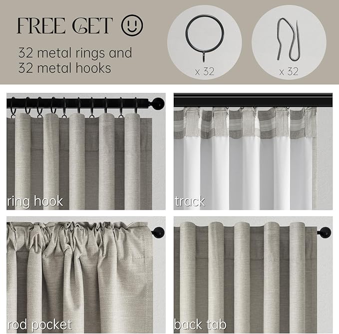 102 inch blackout curtains for Sliding door 2 Panels 100% Blackout Linen texture Window Drapes with Back Tab Rod Pocket Light Blocking Thermal Insulated Curtains for Bedroom Living Room Flax Grey