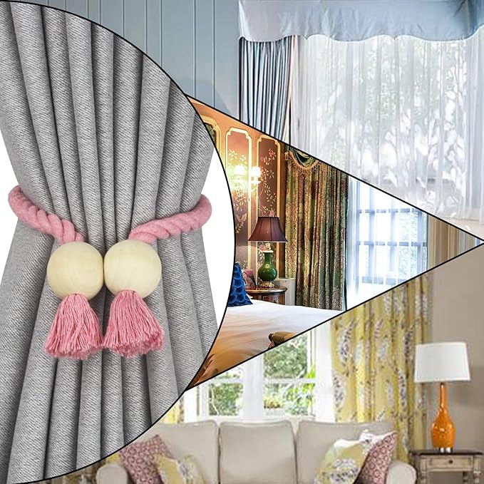 4 Pack Magnetic Curtain Tiebacks Cotton Hand Woven Tie Back Decorative Rope Holdbacks for Curtains Draperies No Tools Required, Pink