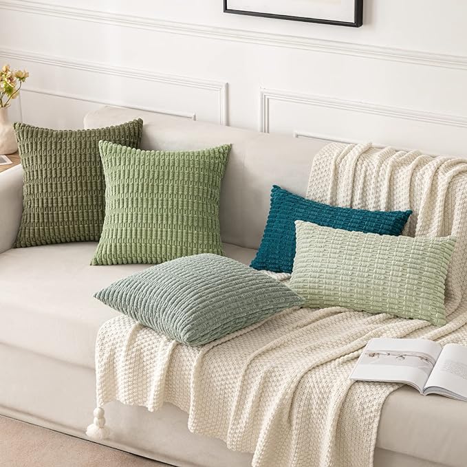 MIULEE Pack of 2 Spring Corduroy Decorative Lumbar Throw Pillow Covers 20x12 Inch Soft Boho Striped Pillow Covers Modern Farmhouse Home Decor for Summer Sofa Living Room Couch Bed Olive Green
