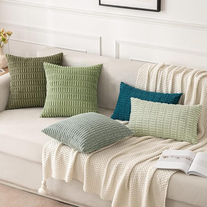 MIULEE Pack of 2 Spring Corduroy Decorative Throw Pillow Covers 16x16 Inch Soft Boho Striped Pillow Covers Modern Farmhouse Home Decor for Summer Sofa Living Room Couch Bed Sage Green