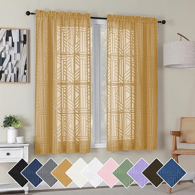 Simplebrand Gold Semi Sheer Curtains 63 Inch Length 2 Panels, Light Filtering Geometric Jacquard Clip Textured Short Sheer Curtains for Bedroom，Modern Elegant Window Curtains Drapes，42x63 inch
