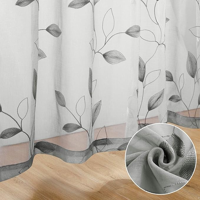 HOMEIDEAS Grey/Gray Sheer Kitchen Curtains 52 x 45 Inch Length 2 Panels Embroidered Leaf Pattern Short Curtains for Bedroom Half Small Window Rod Pocket Tiers
