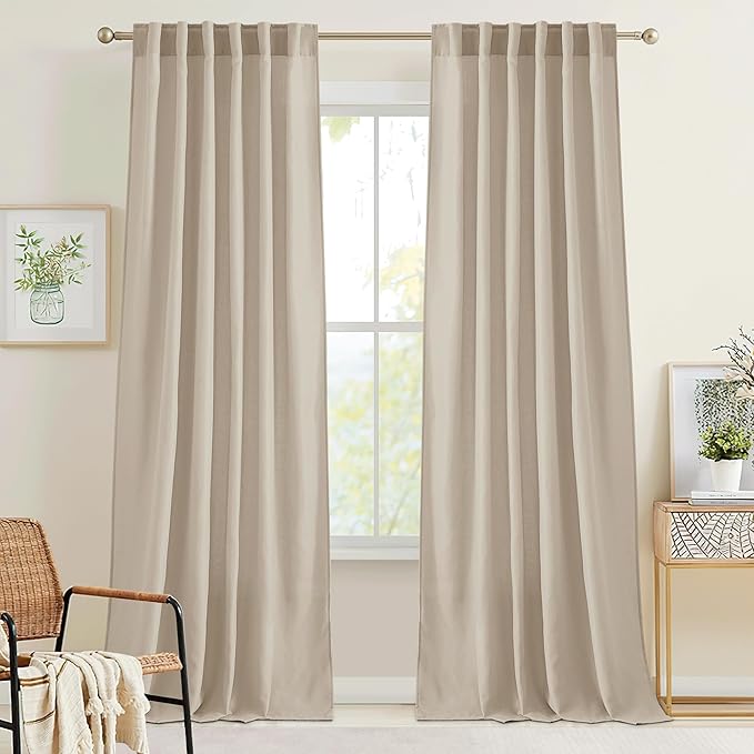 RYB HOME Semi Sheer Curtains 84 inches 2 Panels Set, Faux Linen Texture Light Filtering Airy Half Privacy Gauze Curtain Cortina for Home Office Farmhouse, W 52 x L 84, Taupe