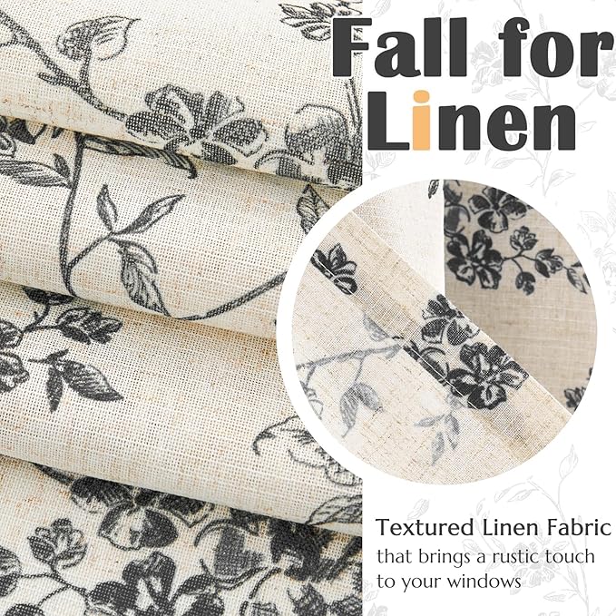 jinchan Linen Kitchen Valance for Windows 16 Inch Floral Double Layer Valance Living Room Laundry Room Darkening Rustic Cottagecore Farmhouse Flower Window Treatment 1 Panel Black on Linen