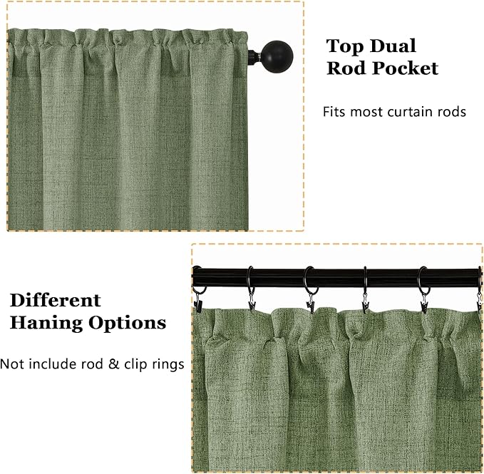 OWENIE Sage Green Valances for Windows 1 Pcs 20 Inch Length, Light Filtering Textured Short Small Valance Curtains for Bathroom Basement Living Room, Half Window Curtains Over Sink, 60" W by 20" L