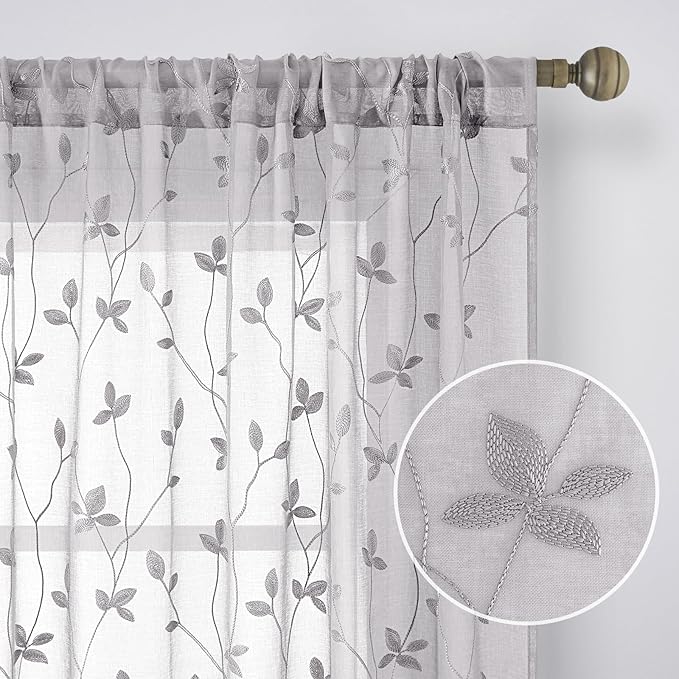 HOMEIDEAS Light Grey Sheer Curtains 52 X 63 Inches Length 2 Panels Embroidered Vine Floral Pattern Pocket Faux Linen Semi Sheer Voile Window Drapes for Bedroom Living Room