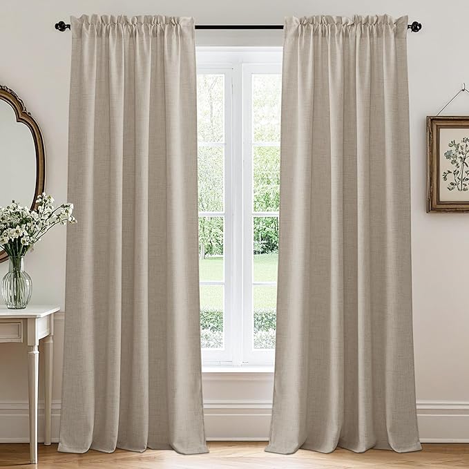 RYB HOME Natural Beige Linen Sheer Curtains 84 inches Long for Bedroom and Living Room, Back Tab/Rod Pocket, Light Filtering Sheer Curtains and Drapes, W 52 x L 84 inches, 2 Panels Set