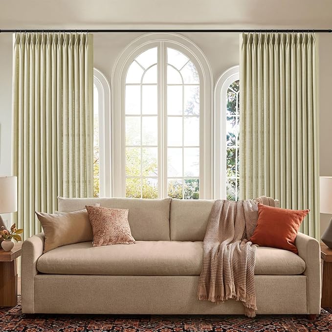 IVAPUPU Grey Beige Pinch Pleated Curtains 90 Inch Length for Living Room, Extra Wide Semi Sheer Drapes Back Tab Hooks Rings Light Filtering Privacy Linen Blend Curtain for Bedroom, W60xL90, 1 Panel