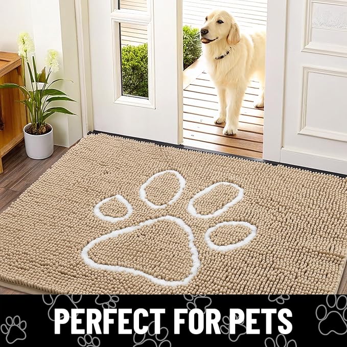 Smiry Dog Door Mat for Muddy Paws, Absorbent Dirt Trapper Non Slip Quick Dry Washable Chenille Mat for Mud Dogs, Entry Rug for Indoor and Outdoor (44x32 Inches, Beige and White)