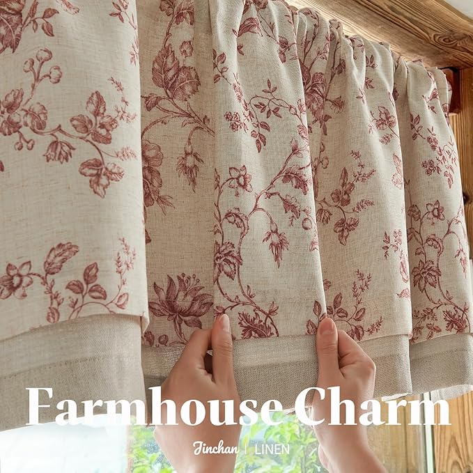 jinchan Amlie Floral Linen Valance Curtain Farmhouse Kitchen Valance for Living Room Laundry Light Filtering Double Layer Cottagecore Window Treatment Rod Pocket 1 Panel 16 Inch Maroon on Linen