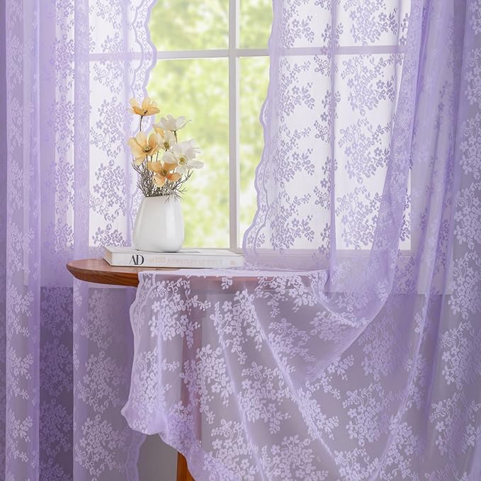 YJ YANJUN Vintage Lace Curtains 96 Inches Long-Victorian Floral Pattern Lavender Sheer Curtain Panels for Living Room Bedroom,Light Filtering, Romantic Girly Drapes 2 Panels 52W x 96L Light Purple