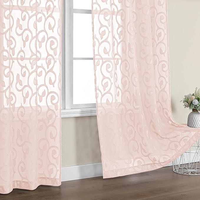 OWENIE Furman Sheer Curtains 84 inches Long for Bedroom Living Room 2 Panels Set, Clip Jacquard Solid Blush Pink Semi Sheer Curtains, Light Filtering Rod Pocket Curtain, 40Wx84L inch