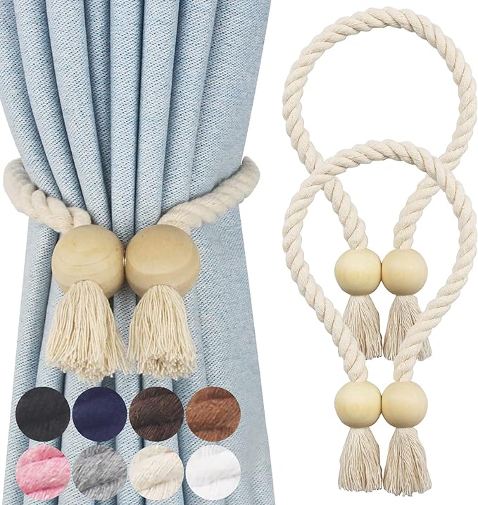 2 Pack Magnetic Curtain Tiebacks Cotton Hand Woven Tie Back Decorative Rope Holdbacks for Curtains Draperies No Tools Required, Beige