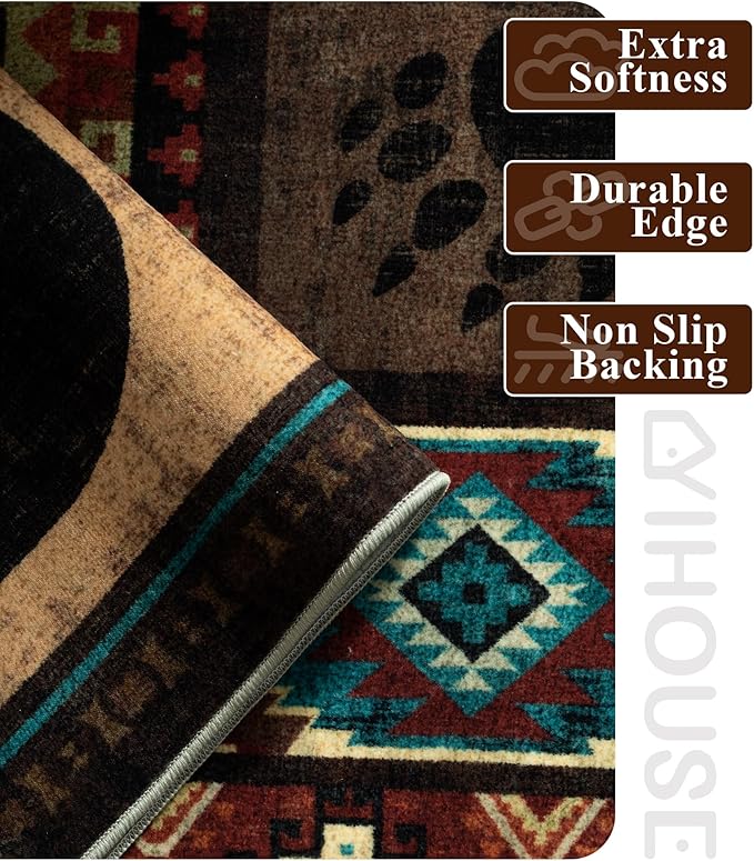 YIHOUSE Rustic Cabin Area Rug 4x6,Machine Washable Lodge Bear Rug,Non-Slip Low Pile Print Pattern Western Rug for Living Room Bedroom