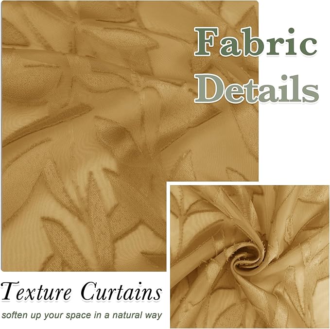 Lecloud Leia Dark Gold Semi Sheer Curtains 45 Inch Length 2 Panels, Balance Light & Privacy Jacquard Textured Voile Curtains for Kitchen Bedroom, Dual Rod Pockets Living Room Short Drapes, 40 W x 45 L