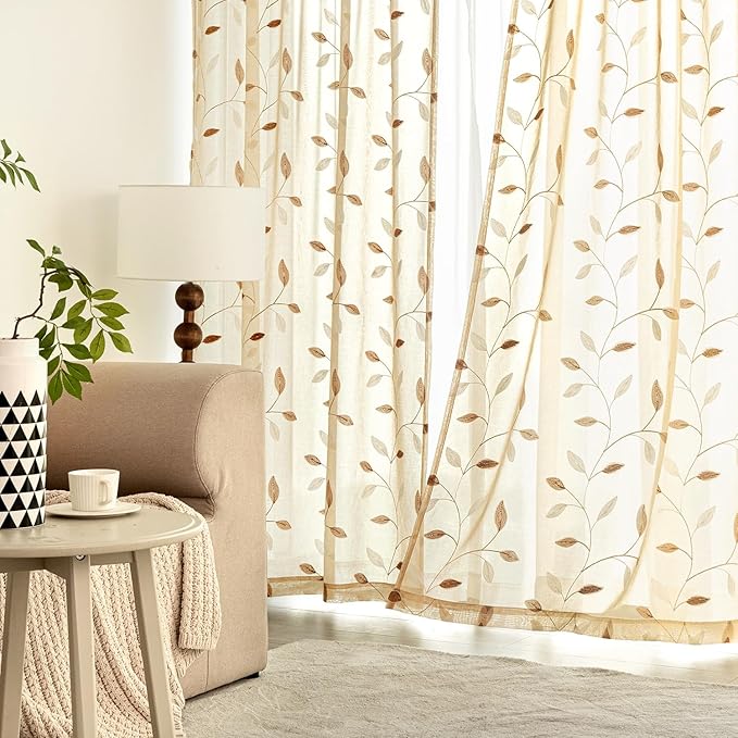 MIULEE Beige Sheer Curtains 2 Panels Embroidered Leaf Patterned Rod Pocket Floral Semi Sheer Faux Linen Window Curtains Drapes Set for Living Room Bedroom Dining Room, 52x63 Inches Length