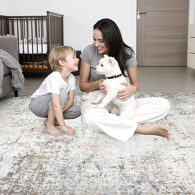 10x14 Area Rug Living Room Rug: Washable Modern Abstract Soft Thin Rug Indoor Floor No Slip Stain Resistant Carpet for Bedroom Dining Room Farmhouse Nursery Home Office - Brown Grey