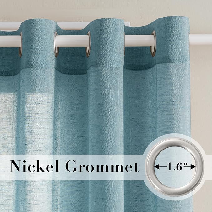 Elegant Natural Linen Curtain Panels Energy Efficient Semi - Sheers Linen Curtains/Nickel Grommet Window Treatments Panels for Patio Glass Door/Balcony (Set of 2, Turquoise, 52"W x 96"L)